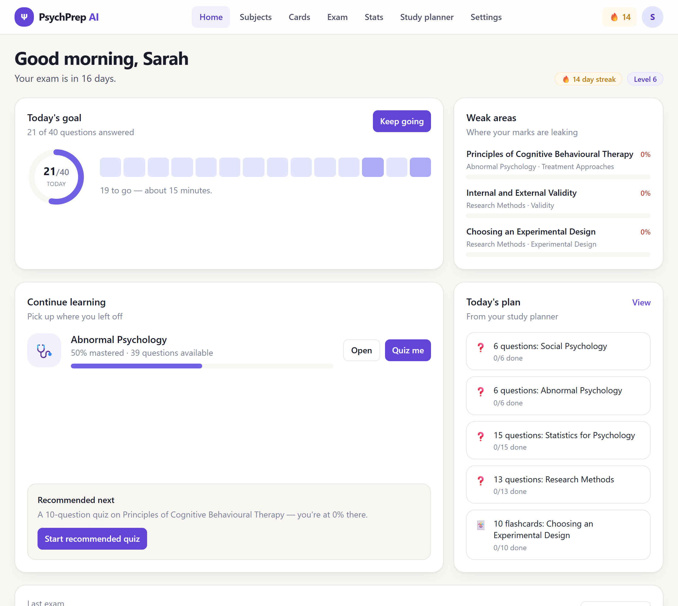 The PsychPrep AI dashboard showing a 14 day streak, today's goal of 40 questions, weak areas and a study plan.
