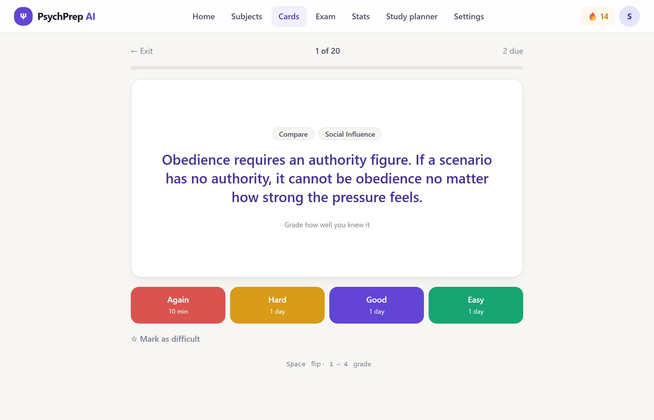 A flashcard flipped to reveal the answer, with Again, Hard, Good and Easy grading buttons.