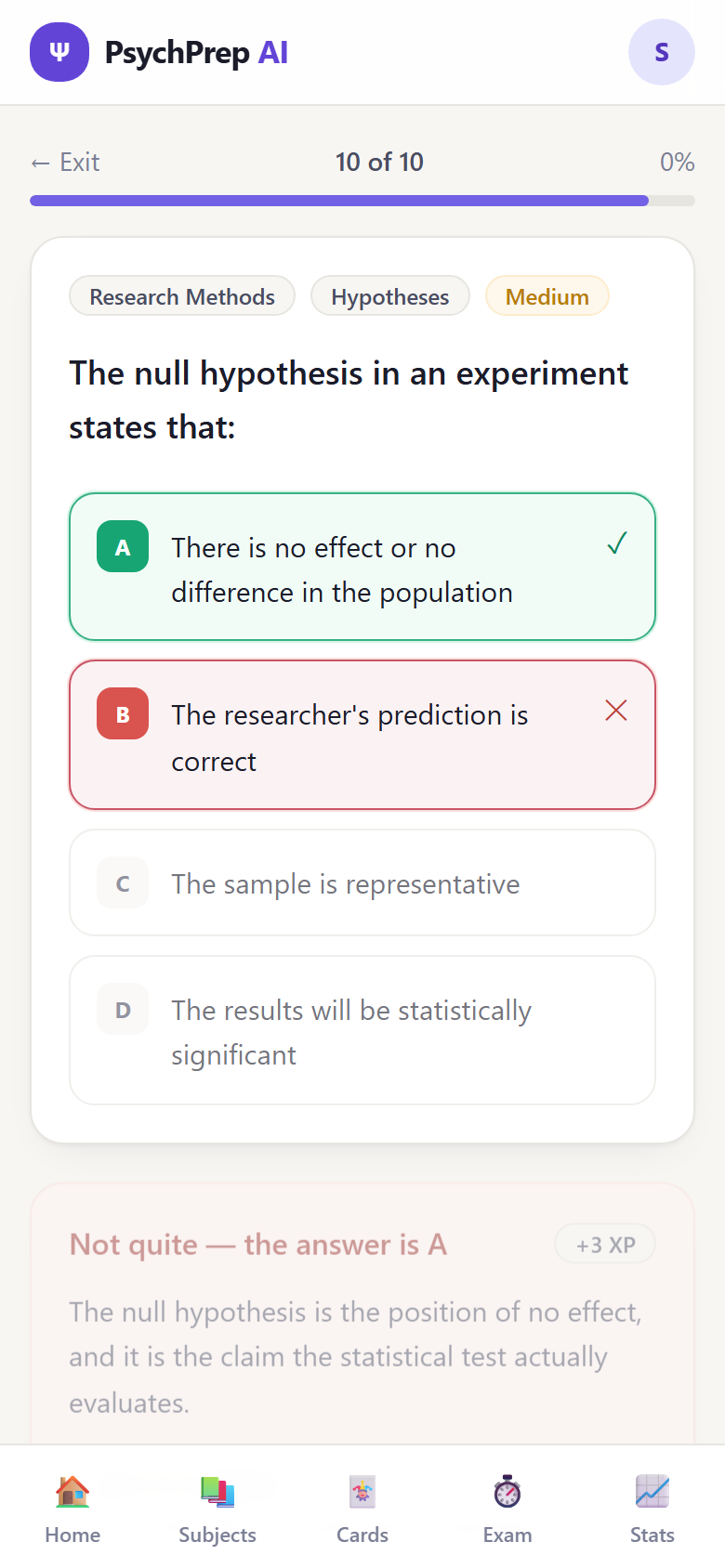 PsychPrep AI running on a phone, showing a research methods question with its explanation.